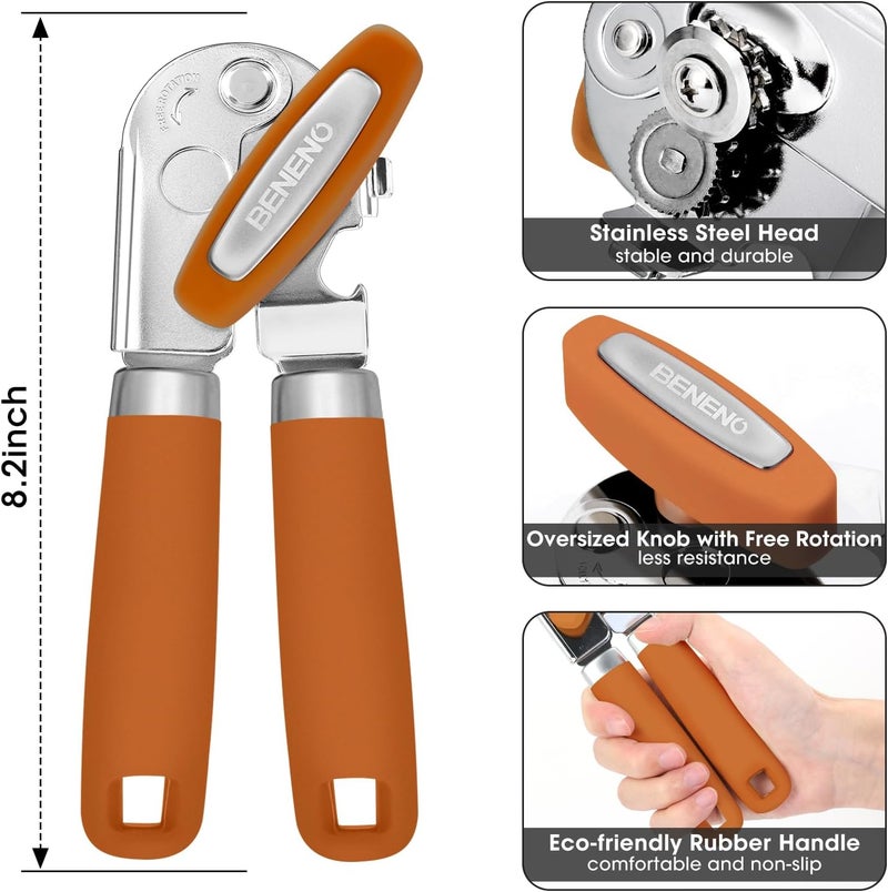 Beneno Heavy Duty Hand Can Opener Manual with Magnet, Durable Sharp Carbon Steel Blade Smooth Cutting, Big Effort-Saving Knob, Soft Grip Handle, Multifunctional Kitchen Tool with Bottle Opener, Orange - Image 2